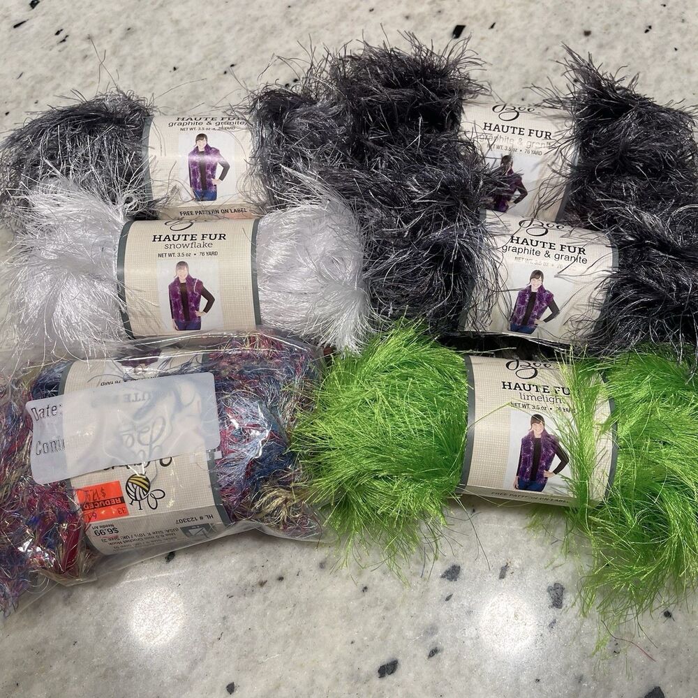Lot 6 YARN Bee Haute Fur 93 Yard Each Twilight Limelight Graphite Snowflake